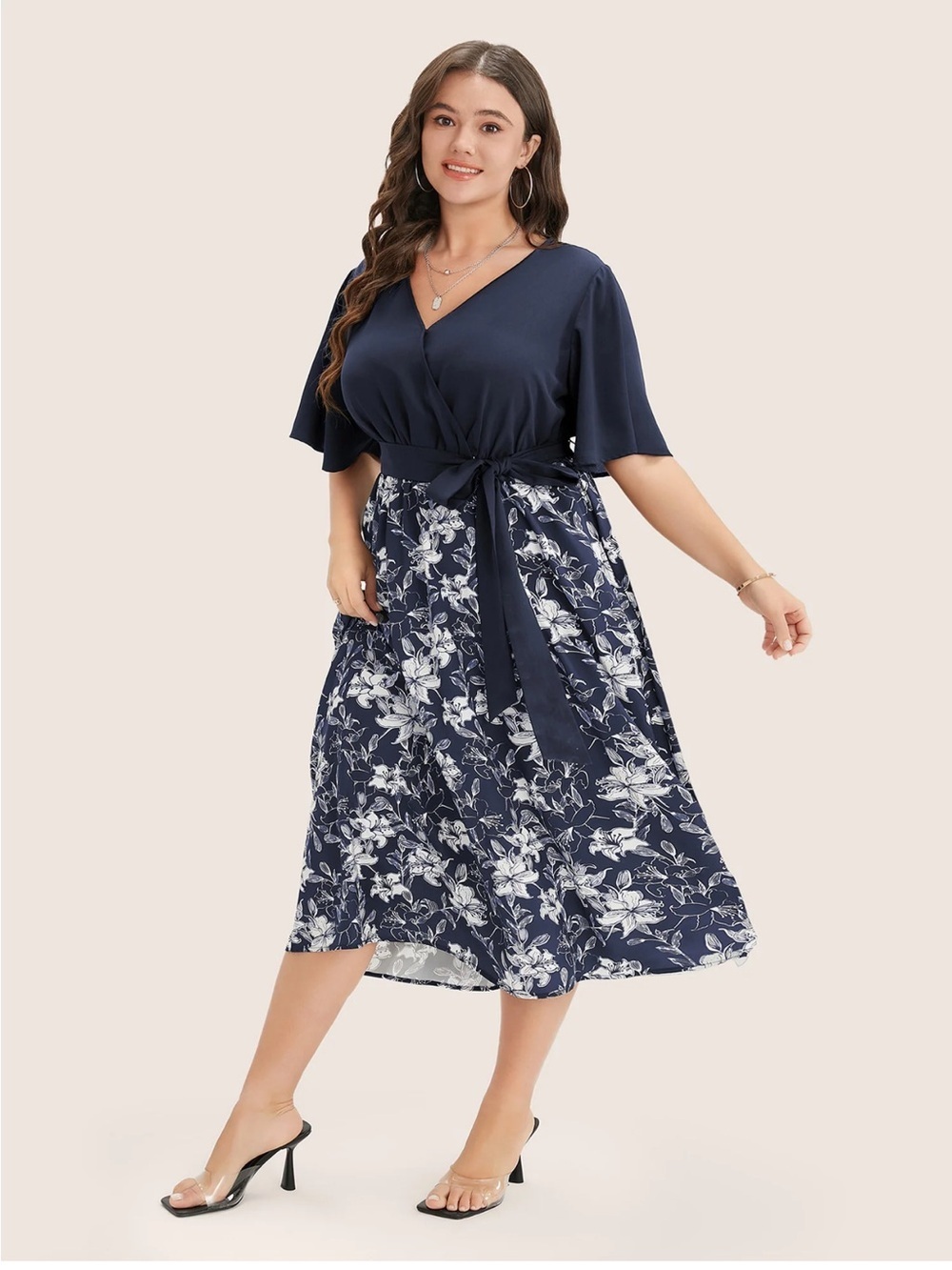 BloomChic Plus Size Floral Patchwork Pocket Belt Surplice Neck Ruffle Hem Dress